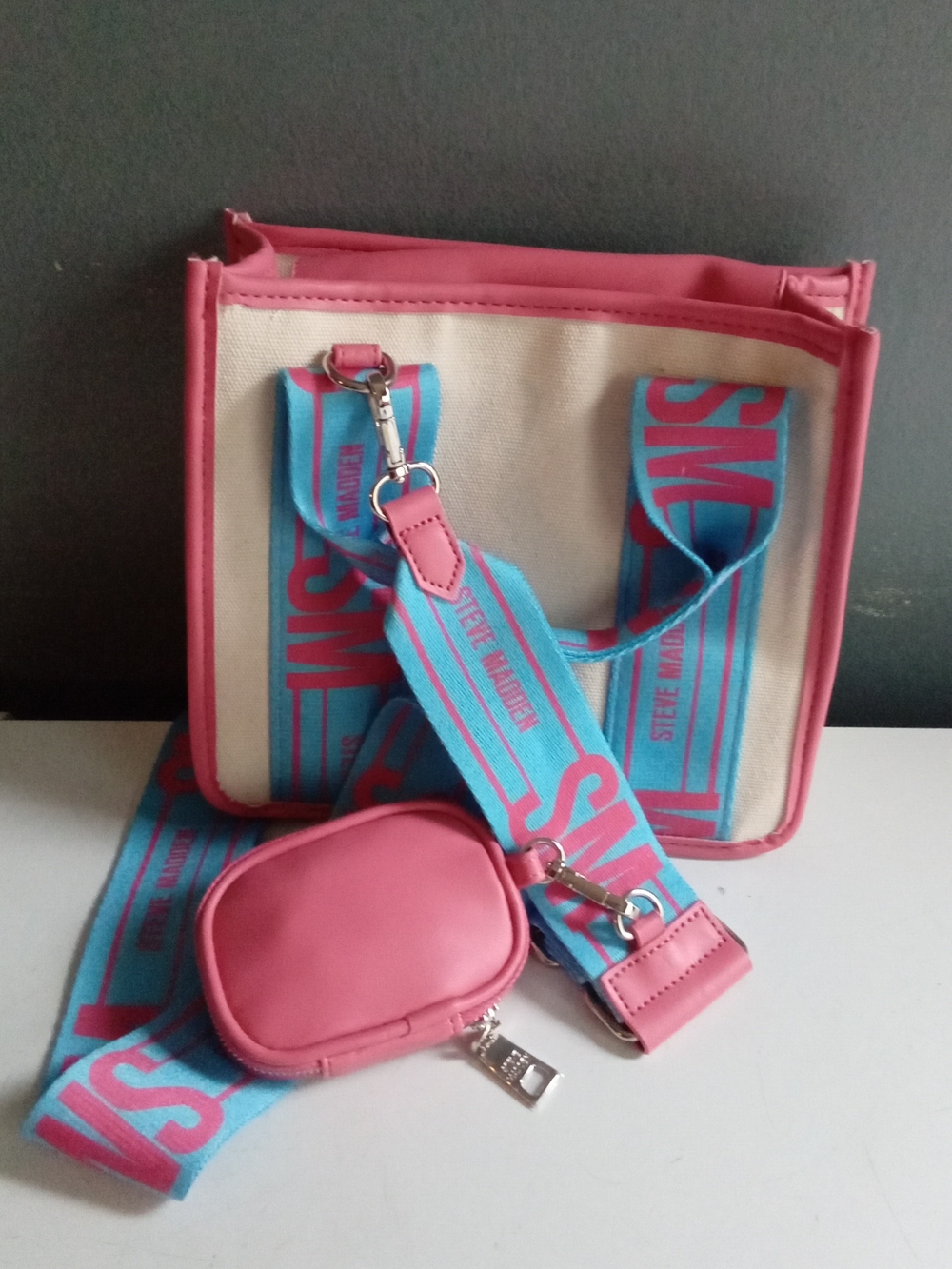 Steve Madden Pink and Aqua Kids Crossbody Tote with Strap Pouch